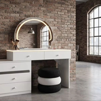 Table de maquillage moderne en bois blanc avec miroir sur pied, tiroirs et tabouret – Meuble durable pour chambre et salon