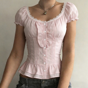 Blusa de estilo americano con encaje rosa y botones, manga abullonada, corte ajustado, cintura entallada, top elegante y lindo para mujer - Product Image 2