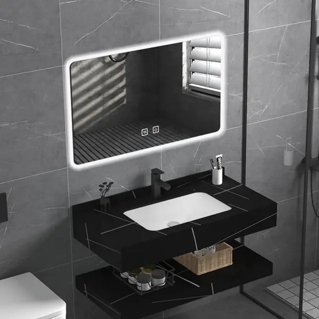 Fregadero de baño de alta calidad, mueble de tocador personalizado con piedra de mármol negro