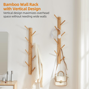 Porte-manteau mural en bambou à un seul niveau, 8 crochets, en forme d'arbre, pour vêtements, sacs, salon, salle de bain - Product Image 2