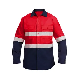 야외 면 남성 셔츠 하이 Vis 반사 안전 작업복 광산 및 건설 용 빨간색 반사 작업 셔츠