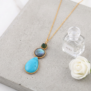 Fashion Jewelry Labradorite Turquoise Emerald Copper Turquoise Bezel Set Pendant 18k Gold Plated Triple Gemstone Chain Necklace - Product Image 6