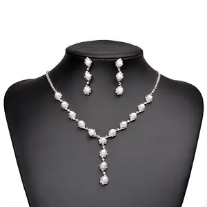 Elegant Beautiful Diamond Crystal White Pearl Necklace Earrings Jewelry Set Bridal