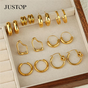 JUSTOP Spot Portfolio Ensemble de boucles d'oreilles en acier inoxydable résistant à l'eau, créoles épaisses plaquées or 18 carats, motif nœud, bijoux de mode tendance, inaltérables - Product Image 2