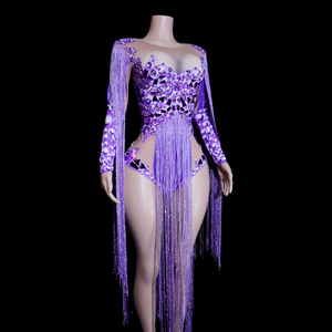 Combinaison sexy violette à imprimé numérique, ornée de strass et de franges en cristal, pour spectacle sur scène, performance de drag queen, chanteuse, diva, <span class=keywords><strong>costume</strong></span> - Product Image 4