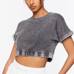 Sommer 200g/m² Bio-Baumwolle T-Shirt leere Ernte Top Frauen Säure gewaschen Vintage T-Shirt