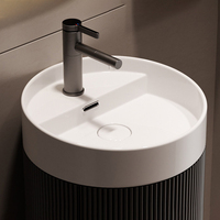 Meuble-lavabo moderne sur pied en bois avec petit lavabo intégré et rangement pour salle de bain