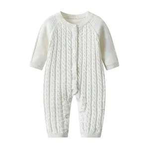 Jumpsuit Bayi Perempuan, Jumpsuit Katun Rajut Lengan Panjang Kerut Warna Polos Musim Gugur