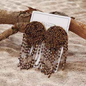 Boucles d'oreilles tissées mode rétro exagéré noir café franges perles de riz boucles d'oreilles pour femmes Uionen 1844 - Product Image 2