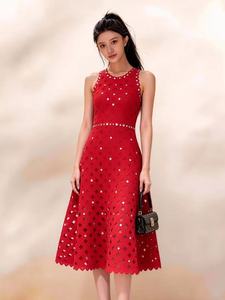 Abito <span class=keywords><strong>da</strong></span> sera lungo senza maniche <span class=keywords><strong>da</strong></span> <span class=keywords><strong>donna</strong></span>, lavorato all'uncinetto con decorazioni in strass, vestibilità slim, rosso, <span class=keywords><strong>per</strong></span> Natale e <span class=keywords><strong>Capodanno</strong></span> - Product Image 3