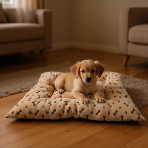 Set di Quattro Cuscini per Cani in Velluto Cristallo Beige con Motivi di Ossa e Impronte, Design Unico per Letti per Animali Domestici - Product Image 3