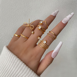 Ensemble de bagues d'articulation avec diamants, ensemble de 8 pièces, anneau torsadé en <span class=keywords><strong>V</strong></span> avec nœud papillon, ensemble de bagues pour femmes, bijoux design bohème pour doigts - Product Image 1