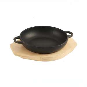 Plat de service japonais pour steak, mini-plat en fonte pour steak, plat rond pour steak avec base en <span class=keywords><strong>bois</strong></span> - Product Image 1