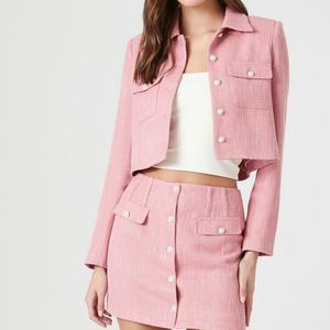 Nuevo Conjunto de Dos Piezas de Lino para Mujer, de Alta Calidad, al por Mayor, Elegante, para el Trabajo, Chaqueta Corta con Botones de Perla y Minifalda en Línea A - Product Image 1