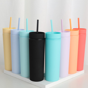 Vasos Watersy <span class=keywords><strong>2023</strong></span>, nuevos, delgados, rectos, de doble pared, de plástico mate, color pastel, acrílico, de 16 oz, con tapas y pajitas. - Product Image 5