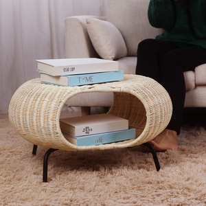 <b>Rattan</b> Coffee <b>Table</b> Round <b>Small</b> Storage Basket Pet Cat Bed Scandinavian Style Handmade With Black Metal Legs - Product Image 4