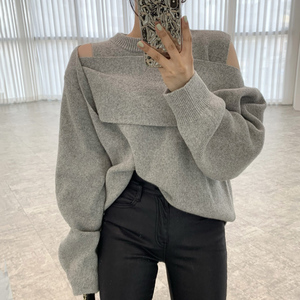 Wholesale 2026 Autumn Small Versatile Round Neck Layered Hollow Off Shoulder Splice Design Loose Long Sleeve <strong>Knitted</strong> <strong>Sweater</strong> - Product Image 1