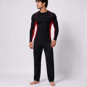 Camiseta de Manga Larga con Cuello Redondo, Personalizada para Hombre, Ajustada, de Secado Rápido, Transpirable, Anti-UV, con Bloques de Color, Negra y Roja, de Spandex - Product Image 1