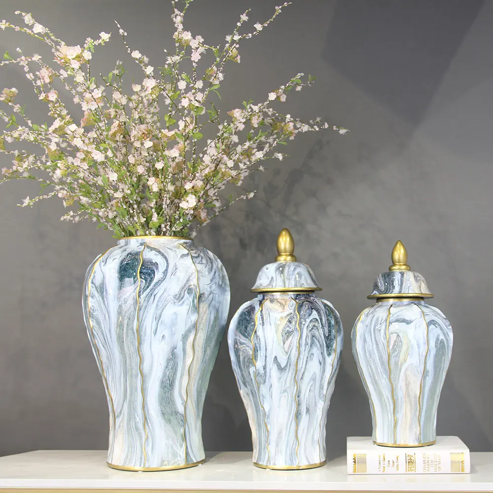 J232 Keramik Blaues Galaxy-Ingwer-Glas-Set modernes Luxus-Milchstraßen-Vasen-Dekor mit Goldrand für Haus und Hochzeitsfeiern