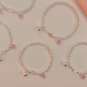 Bracelet en argent sterling S925 avec breloque cœur rose et pendentif smiley pour un usage quotidien - Product Image 3