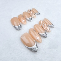 Uñas a presión en forma de almendra estilo francés dibujado a mano arte de uñas reutilizable de alta calidad