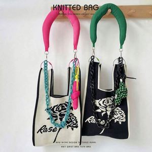 Korean Designers Black <b>White</b> Rose Knitted Handbag <b>Small</b> Handmade Vest <b>Bag</b> Crochet Tote <b>Bag</b> for Women - Product Image 2