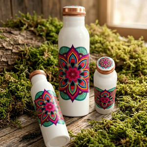 Handmade Mandala Enamel Copper <b>Water</b> <b>Bottle</b> Set with <b>White</b> Finish – Luxury Ayurvedic Leakproof Copper Drinkware for Home Office - Product Image 1