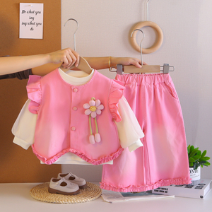 Graziosi Completi Autunnali per Ragazze in Poliestere/Cotone, Top a Maniche Lunghe con Stampa Animalier e Pantaloni in Pizzo, Tessuto Morbido - Product Image 3