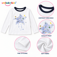 T-shirt à manches longues personnalisé pour filles, imprimé étoiles, col rond contrastant, pour tout-petits et enfants, vente en gros OEM ODM