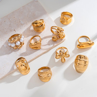 Bague Chunky Dorée pour Femme, Style Vintage Français, en Acier Inoxydable, avec Cœur en Dôme et Perles – Vente en Gros