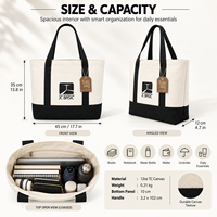 Sac fourre-tout en toile de coton de grande capacité avec logo personnalisé, couleur contrastée, poche intérieure zippée pour le shopping et les voyages