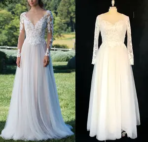 #6271 Beach Boho Sexy Backless Long Sleeve V-Neck Puffy A-Line Bohemian Wedding Dress Bridal Gown Lace Malaysia