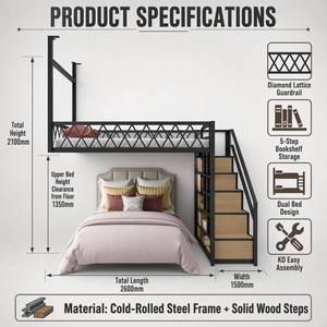 Letto a soppalco per bambini con libreria e scale, struttura in acciaio laminato a freddo, ringhiera a reticolo diamantato, design a due <span class=keywords><strong>letti</strong></span> per la <span class=keywords><strong>cameretta</strong></span> dei bambini - Product Image 6