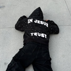 Fabricant de vêtements streetwear 3D automne, poids lourd 500 g/m², coupe ample, noir, logo personnalisé, patch brodé vieilli, entièrement orné de strass, fermeture éclair - Product Image 4