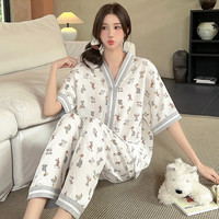 Pyjama d'été pour femme à imprimé floral, chemise de nuit en gaze à manches courtes avec pantalon long, vêtements de nuit pour femmes