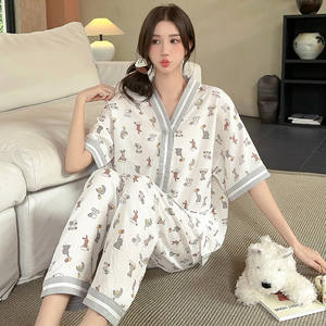 <span class=keywords><strong>Pijama</strong></span> de Satén con Estampado Floral para Mujer de Verano Camisón de Gasa de Manga Corta con Pantalones Largos Ropa de Dormir para Damas - Product Image 5