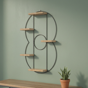 Classic Dual Circle Iron Frame Wall Shelf with 5 Small Wooden Racks Tall Decorative for Home or Garage Plant Bonsai Display - Product Image 1