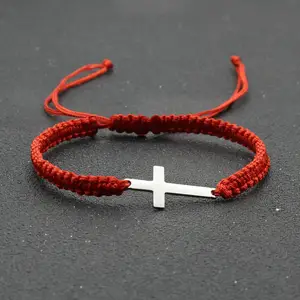 不锈钢十字魅力手链情侣手工编织可调幸运串手链十字基督教