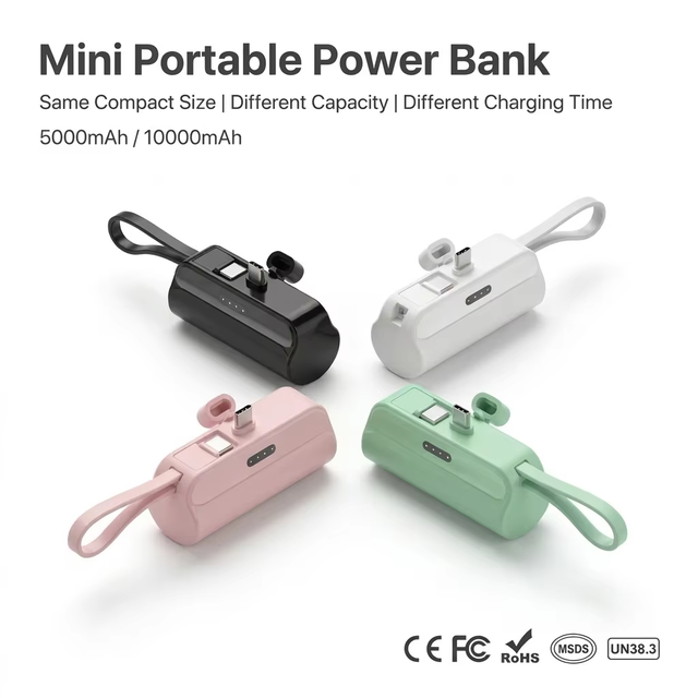 Fast Power Bank 5000mAh Mini Capsule Portable Charger Built-in Cable Plug-in Type-C Emergency Power Bank Quick Charge 10W ABS