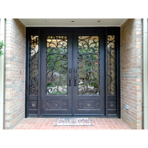 <span class=keywords><strong>Porte</strong></span> <span class=keywords><strong>d</strong></span>'<span class=keywords><strong>entrée</strong></span> moderne en fer forgé noir avec panneaux latéraux en verre, design en <span class=keywords><strong>grille</strong></span> et finition résistante aux intempéries pour les maisons - Product Image 2