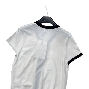 Blusa informal de punto con cuello en V y ribete blanco y negro para mujer, manga corta y lazo frontal - Product Image 4