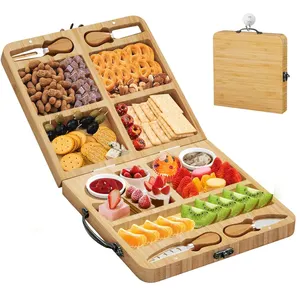 Hot Selling Wooden Foldable Chacuterie Chopping Board Portable Magnetic Design Bamboo Cheese Board Knife Set