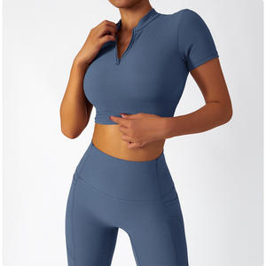 <span class=keywords><strong>2022</strong></span> nueva ropa de Fitness para mujer, conjunto de entrenamiento de gimnasio, Top corto con cremallera acanalada, camiseta y mallas con bolsillos laterales, conjuntos de ropa activa - Product Image 4