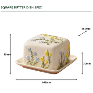 Pot à beurre en céramique peint à la main avec couvercle, forme carrée, motif floral, récipient de rangement en porcelaine pour la cuisine, usage domestique - Product Image 5