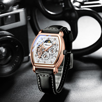 Montre mécanique squelette tonneau de luxe pour homme en or rose avec bracelet en cuir véritable, montre automatique haut de gamme pour le sport et les affaires
