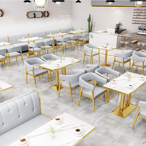 Tùy chỉnh nhà hàng hiện đại da gian hàng chỗ ngồi thiết lập đá cẩm thạch mô hình vàng bàn ăn và ghế cho quán cà phê quán cà phê khách sạn - Product Image 6