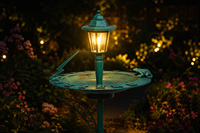 Pied de jardin en métal robuste, vert antique, écologique, style Art Déco, avec bassin pour oiseaux, lumière solaire, aiguille solaire et base de jardinière
