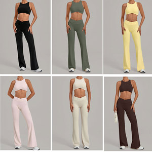 Conjunto de yoga y gimnasio para <span class=keywords><strong>mujer</strong></span>: Top deportivo tipo racerback de cintura alta y pantalones acampanados para correr y hacer ejercicio - Product Image 2
