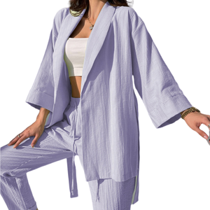 Vêtements personnalisés, chemisier pour femmes, crêpe de coton ivoire, manches longues, chemises et pantalons oversize, vêtements de mode pour ensembles de pyjamas - Product Image 6