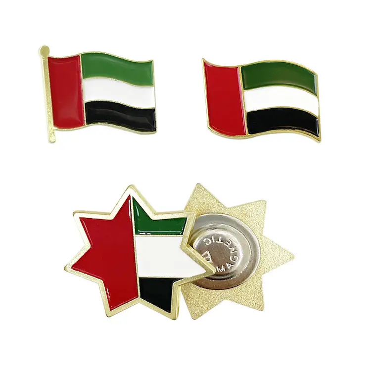 कस्टम संयुक्त अरब अमीरात राष्ट्रीय वर्षगांठ स्मारिका उपहार धातु नाम बिल्ला ब्रोच पिन और चुंबक के साथ हार्ड तामचीनी संयुक्त अरब अमीरात झंडा धातु पिन बैज